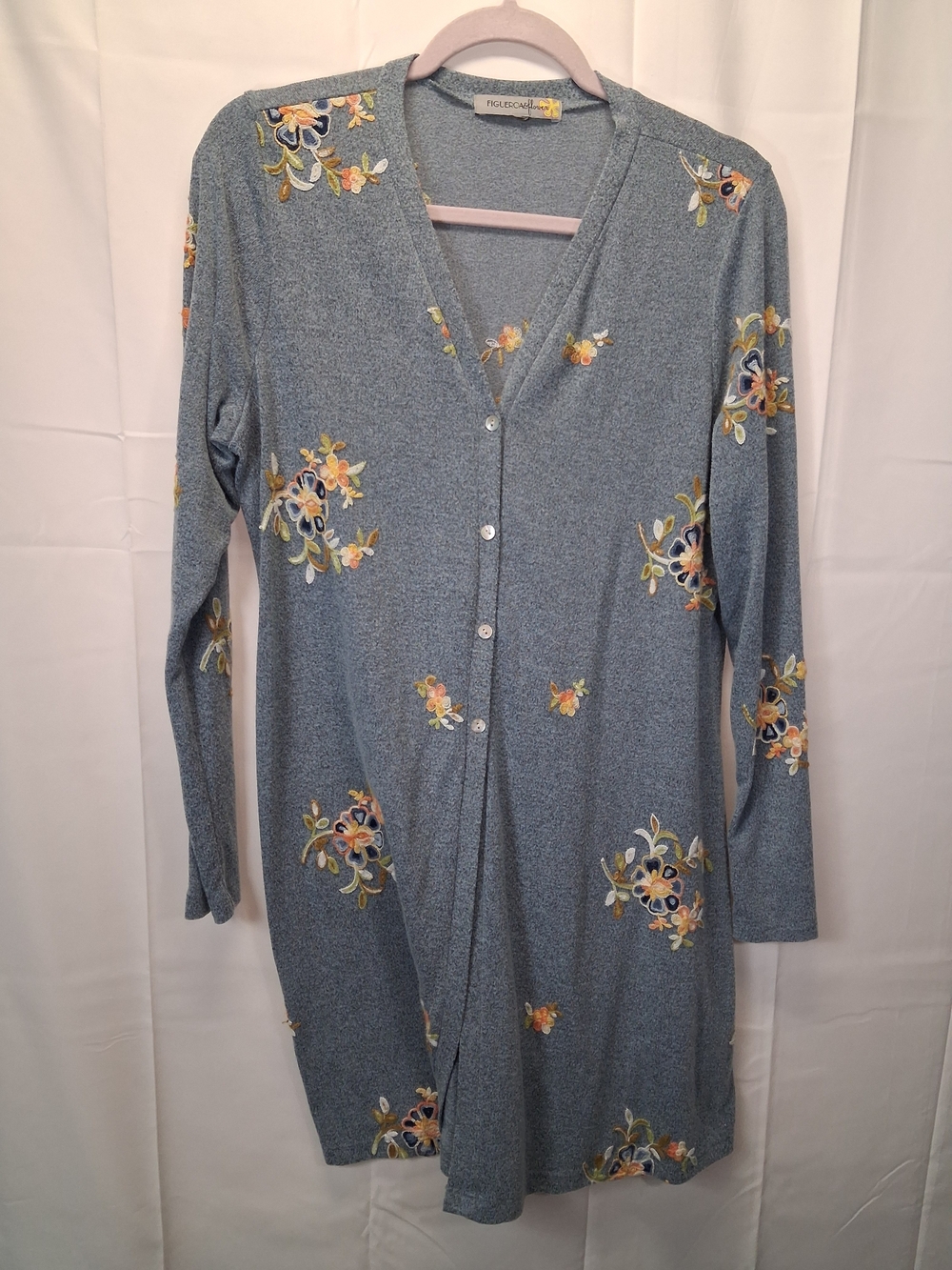 Figuero Blue Floral Embridered Long Cardigan